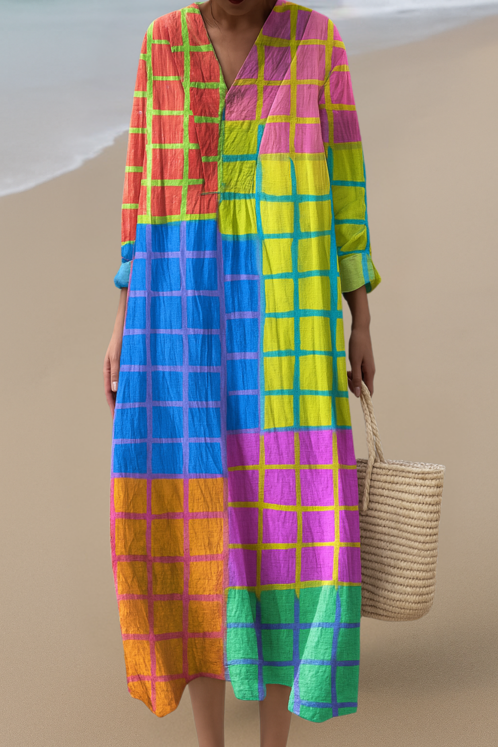 Buntes Grid Maxikleid – Lebendige Energie, Entspannte Passform